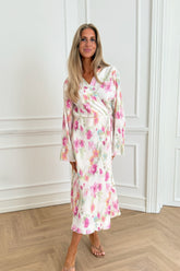 OfeliaIC Lang Wrap Kjole - Hvid Pink Blomsterprint