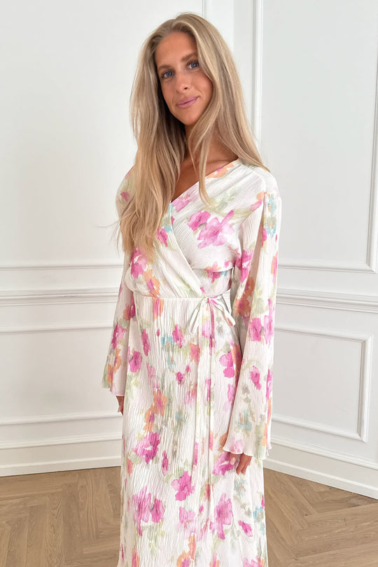 OfeliaIC Lang Wrap Kjole - Hvid Pink Blomsterprint